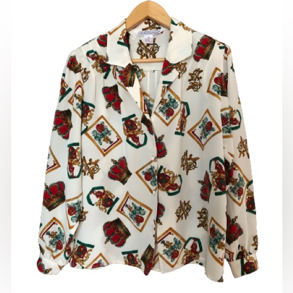 Vintage 80s Medieval Royal Regal Core Crown Monarchy Latin Novelty Blouse L/XL - Picture 3 of 17